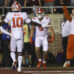 
              Clemson tight end Jake Briningstool (9) celebrates his touchdown with wide receiver Joseph Ngata (10) during the second quarter of an NCAA college football game against Florida State on Saturday, Oct. 15, 2022, in Tallahassee, Fla. (AP Photo/Phil Sears)
            