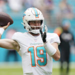 
              Miami Dolphins quarterback Skylar Thompson (19) throws a pass during warm-ups ahead of an NFL football game against the Minnesota Vikings, Sunday, Oct. 16, 2022, in Miami Gardens, Fla. (AP Photo/Wilfredo Lee)
            