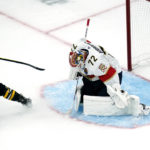 
              Boston Bruins right wing David Pastrnak (88) scores on Florida Panthers goaltender Sergei Bobrovsky (72) during the third period of an NHL hockey game, Monday, Oct. 17, 2022, in Boston. (AP Photo/Charles Krupa)
            