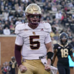 
              Boston College quarterback Phil Jurkovec (5) reacts after his touchdown run against Wake Forest during the second half of an NCAA college football game in Winston-Salem, N.C., Saturday, Oct. 22, 2022. (AP Photo/Chuck Burton)
            
