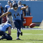 
              Tennessee Titans place kicker Randy Bullock (14) makes a 27-yard field goal during the first half of an NFL football game against the Indianapolis Colts Sunday, Oct. 23, 2022, in Nashville, Tenn. (AP Photo/Mark Zaleski)
            