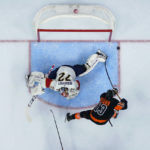 
              Florida Panthers' Sergei Bobrovsky, left, blocks a shot by Philadelphia Flyers' Kevin Hayes during the second period of an NHL hockey game, Thursday, Oct. 27, 2022, in Philadelphia. (AP Photo/Matt Slocum)
            