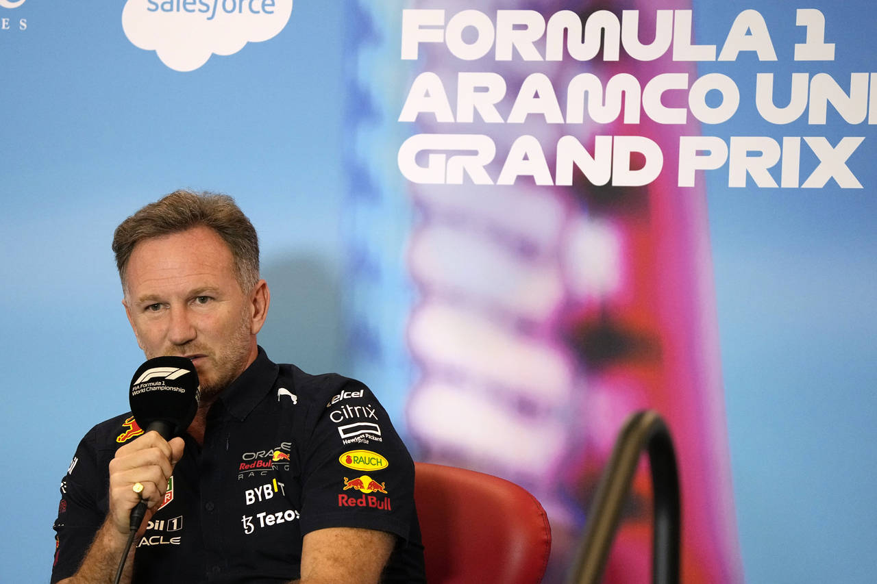 Red Bull Team Principal Christian Horner speaks during a news conference at the Formula One U.S. Gr...