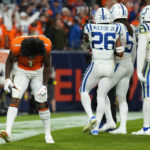 
              Denver Broncos wide receiver KJ Hamler (1) reacts to losing after an NFL football game against the Indianapolis Colts, Thursday, Oct. 6, 2022, in Denver. The Colts defeated the Broncos 12-9 in overtime. (AP Photo/Jack Dempsey)
            