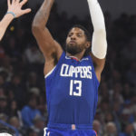 
              Los Angeles Clippers forward Paul George shoots in the second half of an NBA basketball game against the Oklahoma City Thunder, Thursday, Oct. 27, 2022, in Oklahoma City. (AP Photo/Kyle Phillips)
            