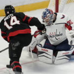 
              Washington Capitals goaltender Darcy Kuemper makes a save on Ottawa Senators left wing Tyler Motte during the first period of an NHL hockey game Thursday, Oct. 20, 2022, in Ottawa, Ontario. (Adrian Wyld/The Canadian Press via AP)
            