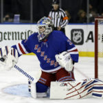 
              New York Rangers goaltender Igor Shesterkin makes a save against the Colorado Avalanche in the first period of an NHL hockey game Tuesday, Oct. 25, 2022, in New York. (AP Photo/Adam Hunger)
            