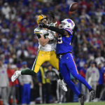 
              Buffalo Bills linebacker Tremaine Edmunds (49) breaks up a pass intended for Green Bay Packers tight end Robert Tonyan (85) during the first half of an NFL football game Sunday, Oct. 30, 2022, in Orchard Park. (AP Photo/Adrian Kraus)
            
