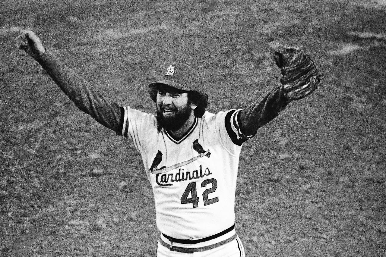 FILE - St. Louis Cardinals ace reliever Bruce Sutter celebrates after the last out in the ninth inn...