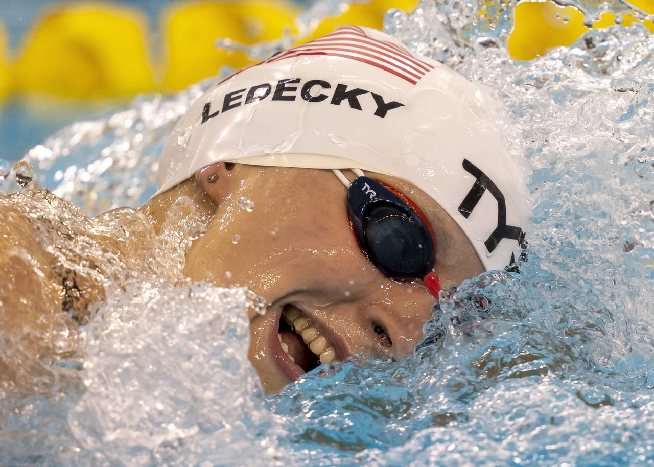 Katie Ledecky, of the United States, competes in the women's 1500-meter freestyle  at the FINA Swim...