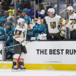 
              Vegas Golden Knights center Phil Kessel (8) celebrates with teammates after scoring against the San Jose Sharks during the first period of an NHL hockey game in San Jose, Calif., Tuesday, Oct. 25, 2022. (AP Photo/Godofredo A. Vásquez)
            