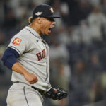 
              Houston Astros relief pitcher Bryan Abreu (52) reacts after striking out the New York Yankees to end Game 3 of an American League Championship baseball series, Saturday, Oct. 22, 2022, in New York. The Astros won 5-0. (AP Photo/Seth Wenig)
            