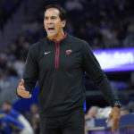
              Miami Heat head coach Erik Spoelstra reacts toward officials during the first half of his team's NBA basketball game against the Golden State Warriors in San Francisco, Thursday, Oct. 27, 2022. (AP Photo/Jeff Chiu)
            