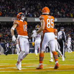 
              Chicago Bears wide receiver Dante Pettis celebrates a touchdown catch with tight end Cole Kmet in the second half of an NFL football game against the Washington Commanders in Chicago, Thursday, Oct. 13, 2022. (AP Photo/Nam Y. Huh)
            