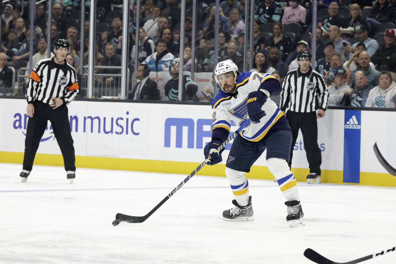 St. Louis Blues defenseman Justin Faulk passes the puck during the first period of the team's NHL h...