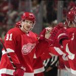 
              Detroit Red Wings left wing Dominik Kubalik (81) celebrates his goal against the Anaheim Ducks in the third period of an NHL hockey game Sunday, Oct. 23, 2022, in Detroit. (AP Photo/Paul Sancya)
            