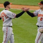 
              Baltimore Orioles' Ryan Mountcastle (6) celebrates with teammate Gunnar Henderson (2) after a baseball game Sunday, Oct. 2, 2022, in New York. The Orioles won 3-1. (AP Photo/Frank Franklin II)
            