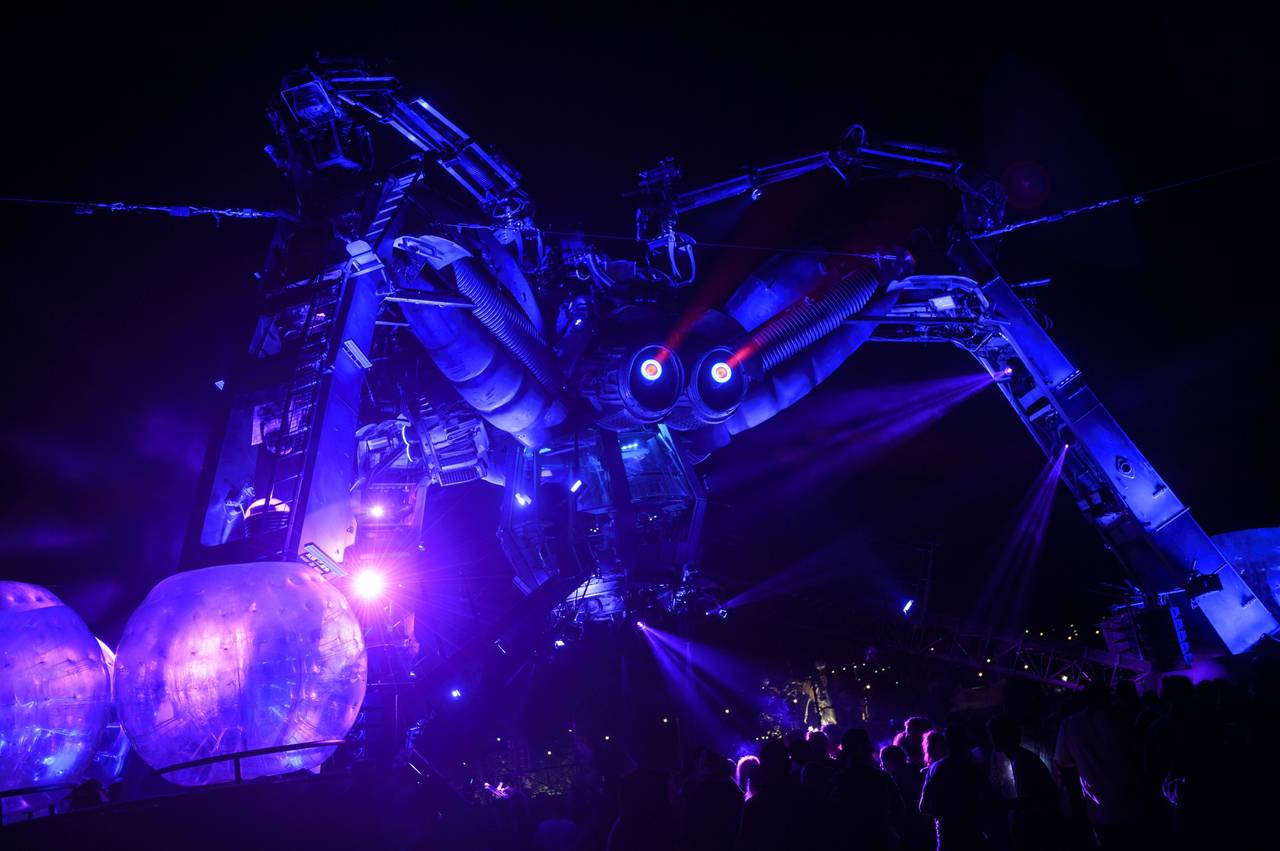 FILE - Metamorphosis' at Arcadia features a light show involving a giant spider at the Glastonbury ...