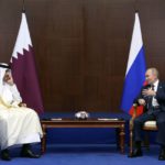 
              Russian President Vladimir Putin, right, gestures while speaking to the Emir of Qatar, Sheikh Tamim bin Hamad Al Thani on sidelines of the Conference on Interaction and Confidence Building Measures in Asia (CICA) summit, in Astana, Kazakhstan, Thursday, Oct. 13, 2022. (Vyacheslav Prokofyev, Sputnik, Kremlin Pool Photo via AP)
            