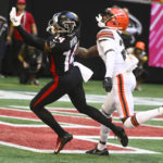 
              Atlanta Falcons wide receiver Damiere Byrd (14) misses the catch against Cleveland Browns cornerback Denzel Ward (21) during the first half of an NFL football game, Sunday, Oct. 2, 2022, in Atlanta. (AP Photo/John Amis)
            