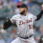 
              Detroit Tigers starting pitcher Eduardo Rodriguez throws to a Seattle Mariners batter during the first inning of the first baseball game of a doubleheader, Tuesday, Oct. 4, 2022, in Seattle. (AP Photo/Caean Couto)
            