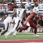 
              Washington State tight end Billy Riviere III (42) runs for a touchdown while pursued by California safety Craig Woodson (2) and cornerback Isaiah Young during the second half of an NCAA college football game, Saturday, Oct. 1, 2022, in Pullman, Wash. (AP Photo/Young Kwak)
            