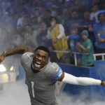 
              Detroit Lions cornerback Jeff Okudah runs onto the field before the first half of an NFL football game against the Miami Dolphins, Sunday, Oct. 30, 2022, in Detroit. (AP Photo/Lon Horwedel)
            