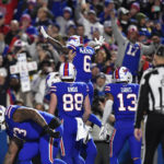 
              Buffalo Bills wide receiver Isaiah McKenzie (6) celebrates a touchdown with his teammates during the first half of an NFL football games against the Green Bay Packers Sunday, Oct. 30, 2022, in Orchard Park. (AP Photo/Adrian Kraus)
            