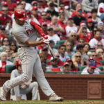 
              Philadelphia Phillies' Matt Vierling singles during the third inning in Game 1 of a National League wild card baseball playoff series against the St. Louis Cardinals, Friday, Oct. 7, 2022, in St. Louis. (AP Photo/Jeff Roberson)
            