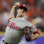 
              Philadelphia Phillies relief pitcher David Robertson throws during the 10th inning in Game 1 of baseball's World Series between the Houston Astros and the Philadelphia Phillies on Friday, Oct. 28, 2022, in Houston. (AP Photo/Eric Gay)
            