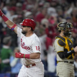 
              Philadelphia Phillies' Kyle Schwarber celebrates his home run during the first inning in Game 3 of the baseball NL Championship Series between the San Diego Padres and the Philadelphia Phillies on Friday, Oct. 21, 2022, in Philadelphia. (AP Photo/Matt Slocum)
            