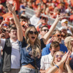 
              Syracuse fans celebrate in the first half of an NCAA college football game against Clemson on Saturday, Oct. 22, 2022, in Clemson, S.C. (AP Photo/Jacob Kupferman)
            