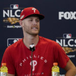 
              Philadelphia Phillies starting pitcher Zack Wheeler speaks at a news conference ahead of Game 1 of the baseball NL Championship Series against the San Diego Padres, Monday, Oct. 17, 2022, in San Diego. The Padres host the Phillies for Game 1 Oct. 18. (AP Photo/Gregory Bull)
            