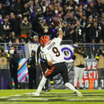 
              Cincinnati Bengals quarterback Joe Burrow reacts after scoring a touchdown during the second half of an NFL football game against the Baltimore Ravens, Sunday, Oct. 9, 2022, in Baltimore. (AP Photo/Julio Cortez)
            