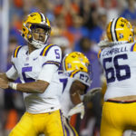 
              LSU quarterback Jayden Daniels (5) looks for a receiver during the first half of an NCAA college football game against Florida, Saturday, Oct. 15, 2022, in Gainesville, Fla. (AP Photo/John Raoux)
            