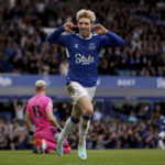 
              Everton's Anthony Gordon celebrates scoring during the English Premier League soccer match between Everton and Crystal Palace at Goodison Park, Liverpool, England, Saturday Oct. 22, 2022. (Isaac Parkin/PA via AP)
            