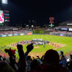 
              Philadelphia Phillies celebrate with the trophy after winning the baseball NL Championship Series in Game 5 against the San Diego Padres on Sunday, Oct. 23, 2022, in Philadelphia. (AP Photo/Matt Rourke)
            
