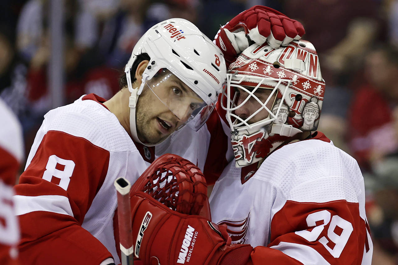 Detroit Red Wings goaltender Alex Nedeljkovic (39) and Ben Chiarot celebrate after the third period...