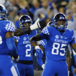 
              Kentucky tight end Jordan Dingle (85) celebrates after scoring a touchdown against South Carolina during the first half of an NCAA college football game in Lexington, Ky., Saturday, Oct. 8, 2022. (AP Photo/Michael Clubb)
            
