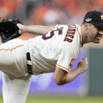 
              Houston Astros starting pitcher Justin Verlander (35) delivers a pitch against the Seattle Mariners during the first inning in Game 1 of an American League Division Series baseball game in Houston,Tuesday, Oct. 11, 2022. (AP Photo/Kevin M. Cox)
            
