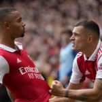 
              Arsenal's Gabriel Jesus, left, celebrates with Arsenal's Granit Xhaka after scoring his side's second goal during the English Premier League soccer match between Arsenal and Tottenham Hotspur, at Emirates Stadium, in London, England, Saturday, Oct. 1, 2022. (AP Photo/Kirsty Wigglesworth)
            