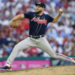 
              Atlanta Braves relief pitcher Dylan Lee (52) works during the seventh inning in Game 4 of baseball's National League Division Series between the Philadelphia Phillies and the Atlanta Braves, Saturday, Oct. 15, 2022, in Philadelphia. (AP Photo/Matt Rourke)
            