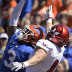 
              Florida cornerback Jason Marshall Jr. (3) knocks away a pass intended for Eastern Washington tight end Aiden Nellor (81) during the first half of an NCAA college football game, Sunday, Oct. 2, 2022, in Gainesville, Fla. (AP Photo/Phelan M. Ebenhack)
            