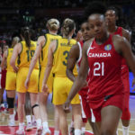 
              Canada leave the court after their loss to Australia in their bronze medal game at the women's Basketball World Cup in Sydney, Australia, Saturday, Oct. 1, 2022. (AP Photo/Mark Baker)
            