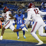 
              South Carolina wide receiver Jalen Brooks (13) runs the ball into the end zone for a touchdown against Kentucky during the second half of an NCAA college football game in Lexington, Ky., Saturday, Oct. 8, 2022. (AP Photo/Michael Clubb)
            
