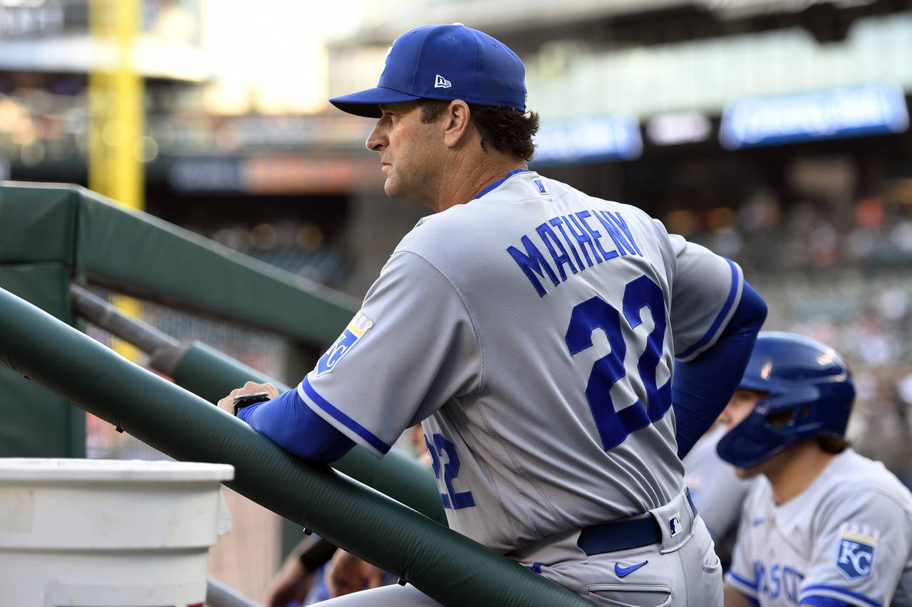 FILE - Kansas City Royals manager Mike Matheny watches the team play against the Detroit Tigers dur...