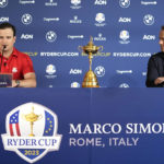 
              United States Captain Zach Johnson, left, and European Captain Luke Donald attend a press conference on the occasion of The Year to Go event in Rome, Tuesday, Oct. 4, 2022. The Marco Simone course of Guidonia Montecelio, near Rome, will host the 2023 Ryder Cup. (AP Photo/Alessandra Tarantino)
            