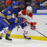 
              Buffalo Sabres right wing Alex Tuch (89) pressures Montreal Canadiens right wing Evgenii Dadonov (63) during the second period of an NHL hockey game, Thursday, Oct. 27, 2022, in Buffalo, N.Y. (AP Photo/Jeffrey T. Barnes)
            