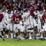 
              Alabama defensive back Terrion Arnold (3) celebrates his interception during the first half of the team's NCAA college football game against Texas A&M, Saturday, Oct. 8, 2022, in Tuscaloosa, Ala. (AP Photo/Vasha Hunt)
            
