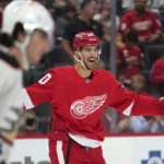 
              Detroit Red Wings center Joe Veleno (90) celebrates this goal against the Anaheim Ducks in the second period of an NHL hockey game Sunday, Oct. 23, 2022, in Detroit. (AP Photo/Paul Sancya)
            